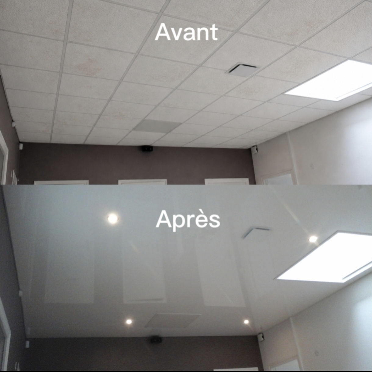 Remplacement d’un plafond en dalles par un plafond tendu brillant avec spots LED